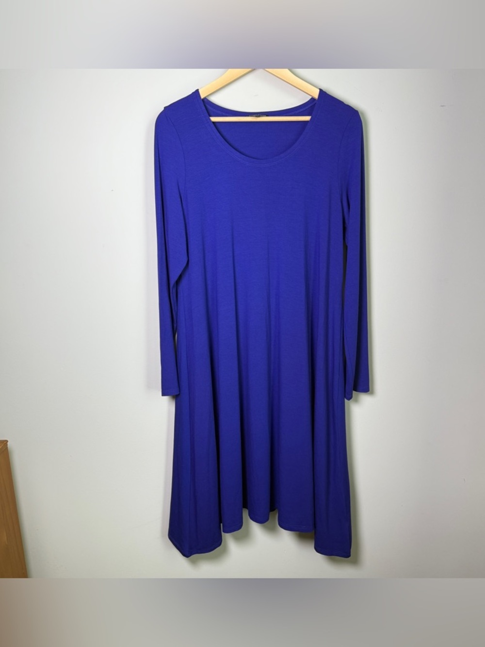 Eileen Fisher Cobalt Blue Rayon Jersey Swing Dress Long Sleeve Size L